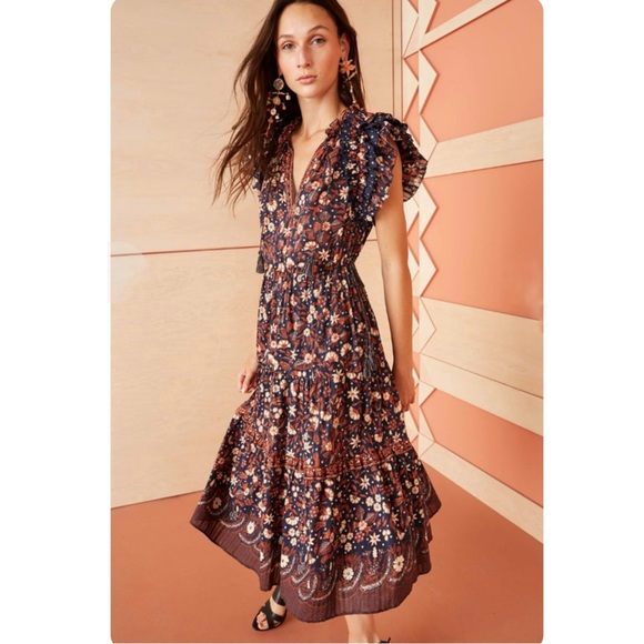 Ulla Johnson Dresses & Skirts - ULLA JOHNSON Linnea Ruffled Cotton Floral Midi Dress in Midnight SOLD
